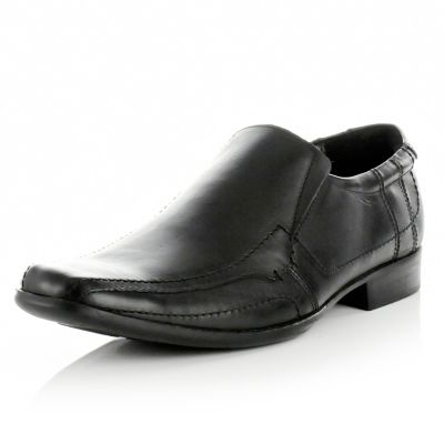 Black leather square toe slip on loafers