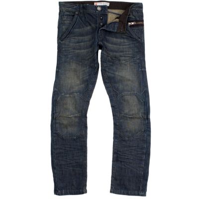 Dark wash denim biker style slim leg jeans