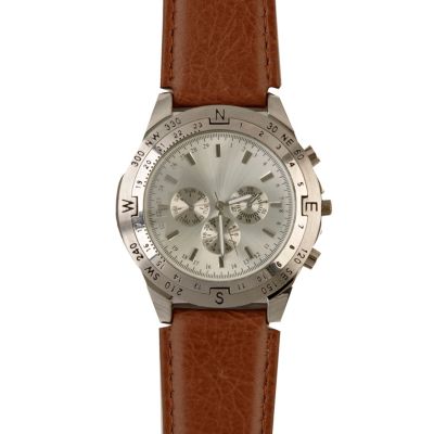 brown strap three dial watch
