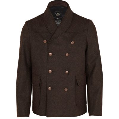 Brown shawl collar double breasted peacoat
