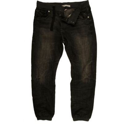 Dark wash denim rib waistband jogger jeans