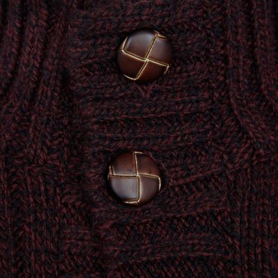 Burgundy funnel neck cable cardigan