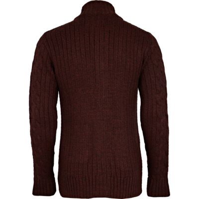 Burgundy funnel neck cable cardigan