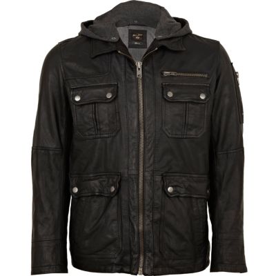 Black hooded leather jacket