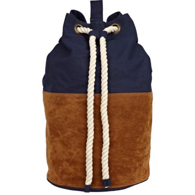 navy and tan suede duffle bag 