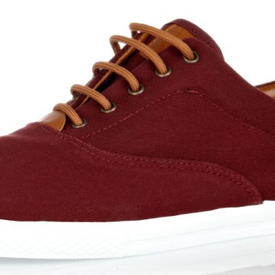 Burgundy and tan contrast plimsolls