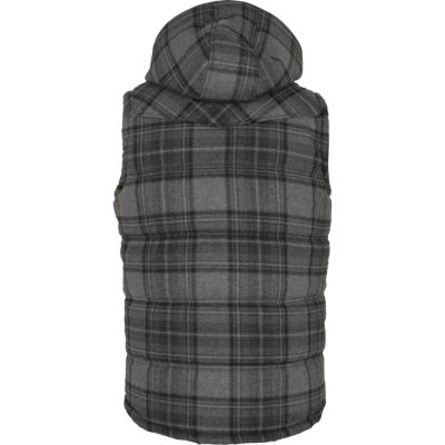 Grey check padded hooded gilet