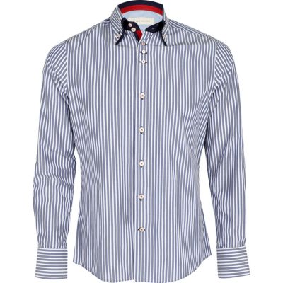 Blue stripe double collar shirt