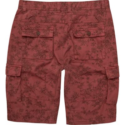 Red floral cargo shorts