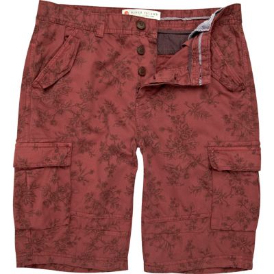 Red floral cargo shorts