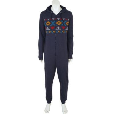 Mens blue aztec hooded onesie