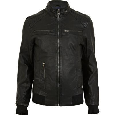 Black leather look bomber jacket