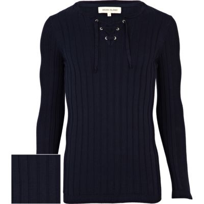 Navy lace up neck jumper