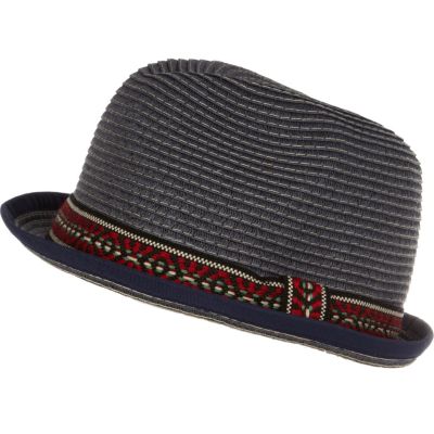 Navy aztec band trilby hat