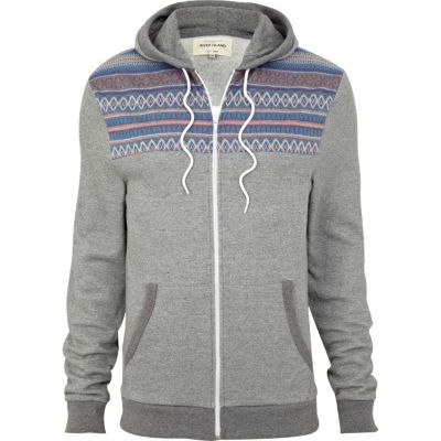 Grey jacquard chest pattern hoodie