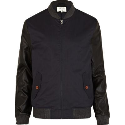 Navy leather look sleeve bomber jacket