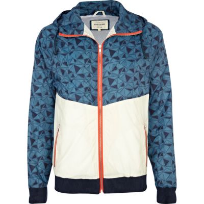Blue geometric hooded bomber jacket