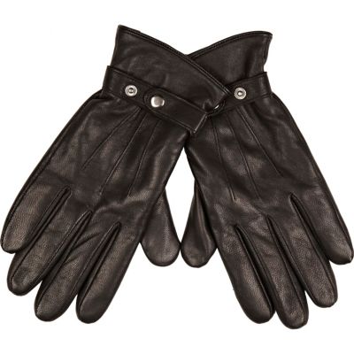 Black popper tab leather gloves
