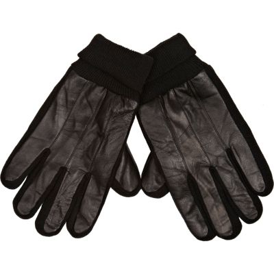 Black leather and knit gloves