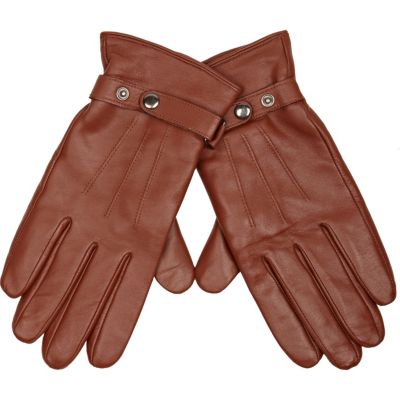 Tan leather popper detail gloves