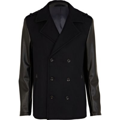 Navy leather look sleeve coat