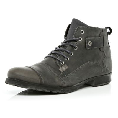Grey distressed low biker boots
