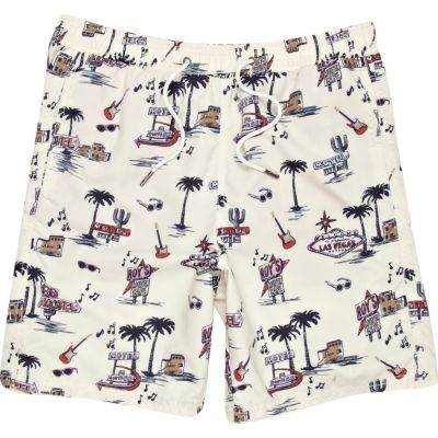 Ecru motel print swim shorts