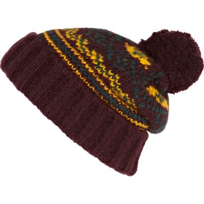 Purple patterned bobble beanie