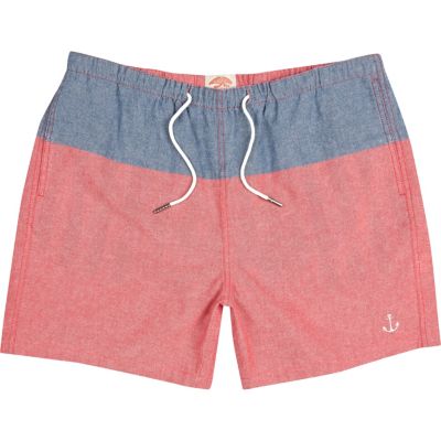 Red and blue colour block swim shorts
