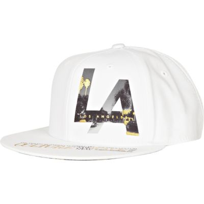 White LA print metallic trucker hat