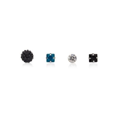 Silver, blue and black diamante earrings