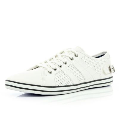 White leather look buckle lace up plimsolls