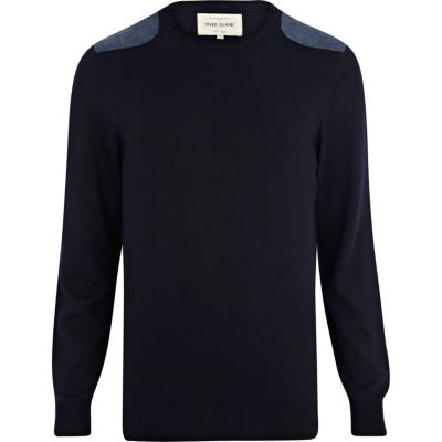 Navy denim shoulder patch jumper 