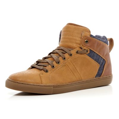 Brown denim contrast panel high tops