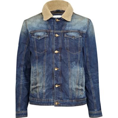Blue casual denim jacket with borg collar
