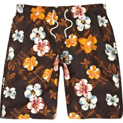 Black floral print swim shorts