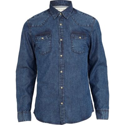 Blue acid wash western denim shirt 