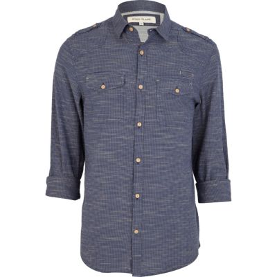 Navy grid print long sleeve shirt