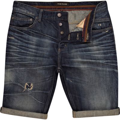 Dark wash distressed denim turn up shorts
