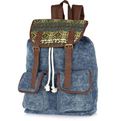 Blue denim print panel rucksack