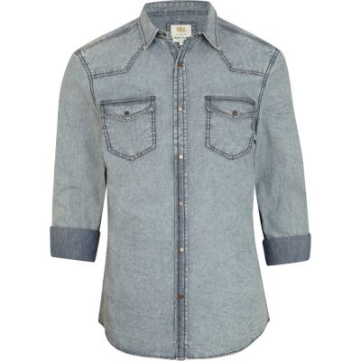 Grey acid wash roll sleeve denim shirt 
