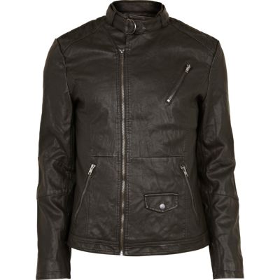 Black leather look collarless biker jacket
