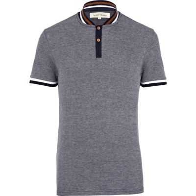 Navy stripe trim collarless polo shirt