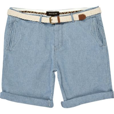 Light blue check print belted shorts