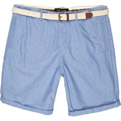 Blue woven belt turn up shorts