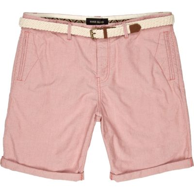 Pale red woven belted turn up shorts