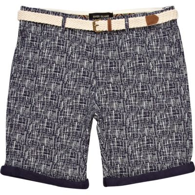 Navy sketchy print belted shorts 