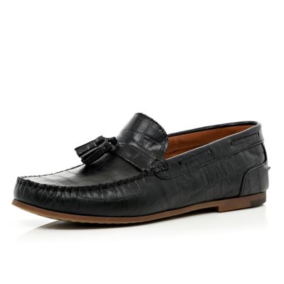 Black croc tassel loafers