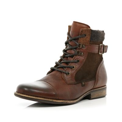 Brown contrast panel lined biker boots