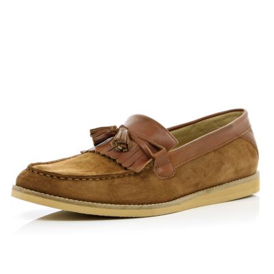 Brown suede contrast panel tassel loafers